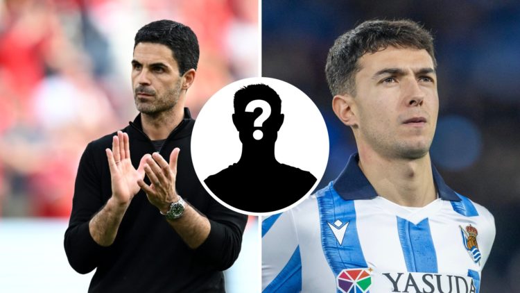 Split image of Mikel Arteta and Martin Zubimendi with overlay of mystery player