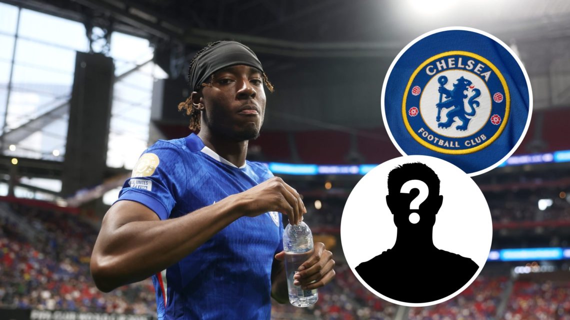 Chelsea winger Noni Madueke during the FIFA Club World Cup vs LAFC. Inset of Chelsea badge and mystery player.
