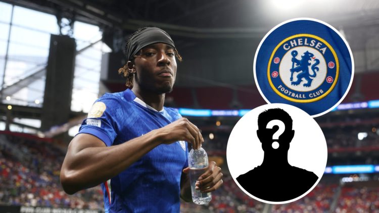 Chelsea winger Noni Madueke during the FIFA Club World Cup vs LAFC. Inset of Chelsea badge and mystery player.