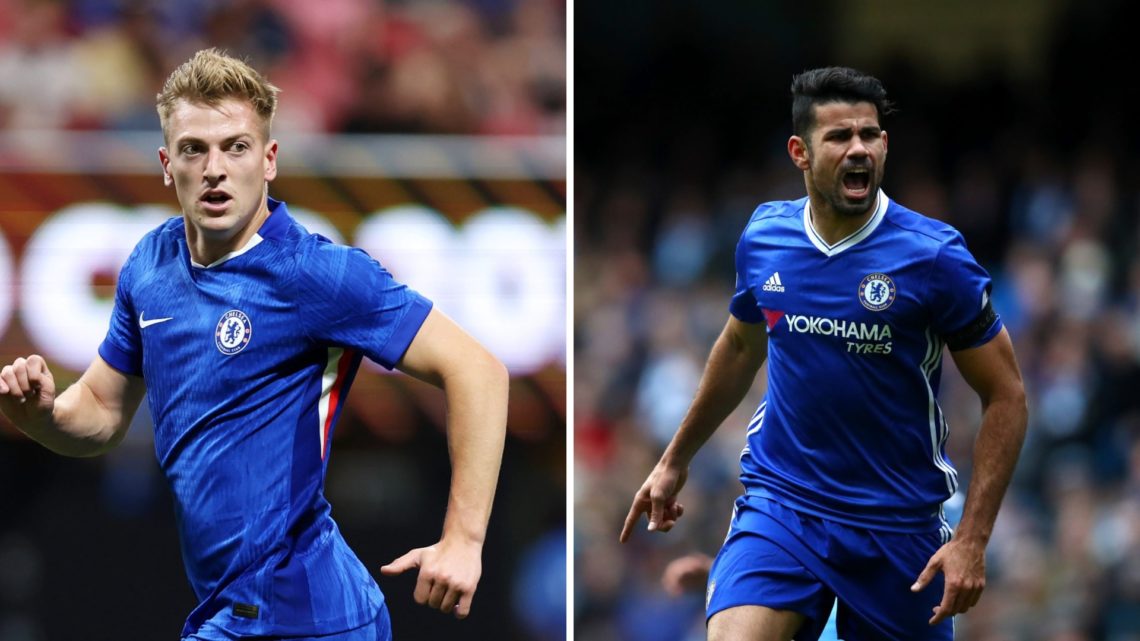 Split image of Liam Delap and Diego Costa playing for Chelsea