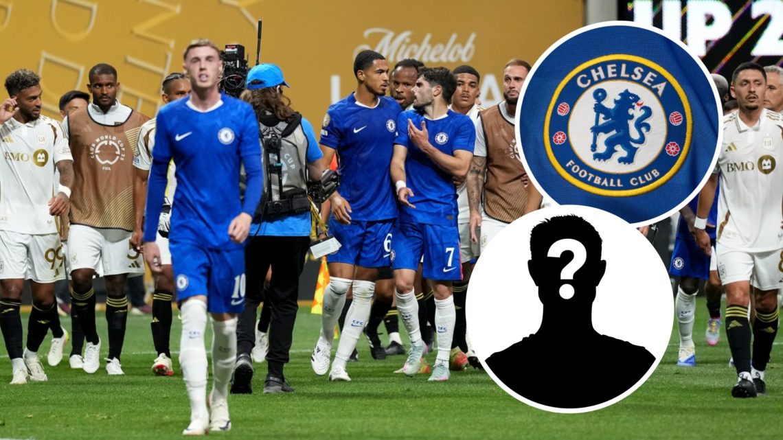 Chelsea player Pedro Neto reacts during Chelsea vs LAFC at Club World Cup. Inset of Chelse badge and mystery player.