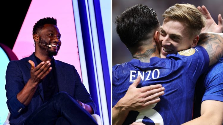 Split image of Chelsea legend John Obi Mikel (L) and new Chelsea striker Liam Delap celebrating (R).
