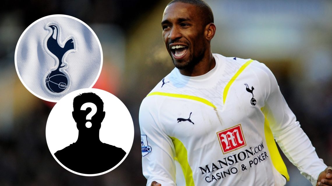 Tottenham Hotspur legend Jermain Defoe celebrating. Inset of Spurs badge and mystery player.