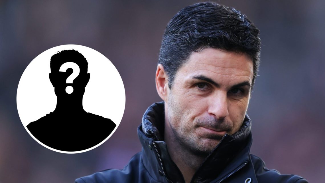 Arsenal manager Mikel Arteta smiles during a Premier League match. Inset, question mark.