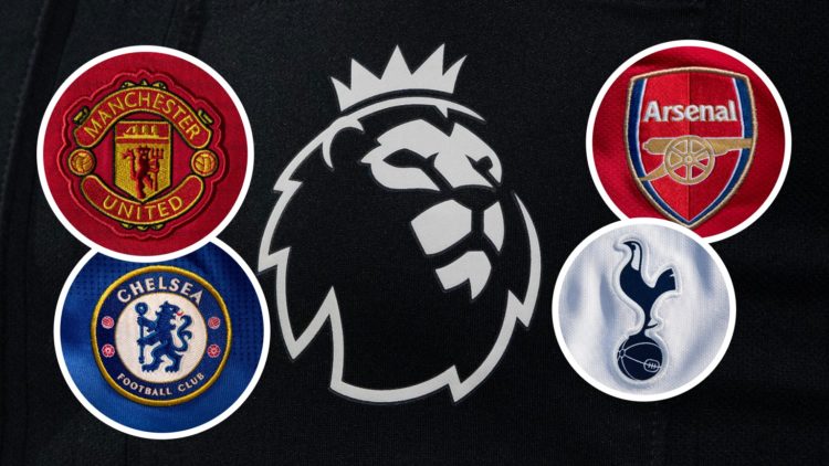 Image of the Premier League logo with Arsenal badge, Manchester United badge, Chelsea badge and Tottenham badge inset