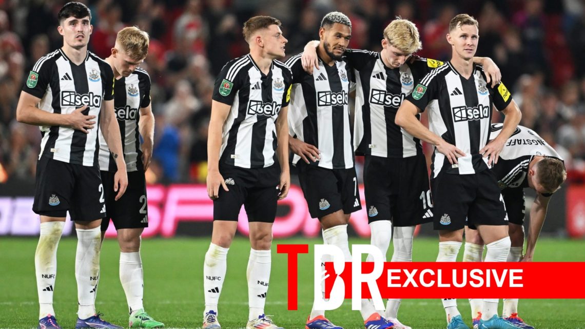 Newcastle United players including Joelinton looking dejected during a penaly shootout, overlaid an exclusive banner