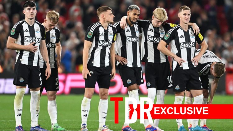 Newcastle United players including Joelinton looking dejected during a penaly shootout, overlaid an exclusive banner
