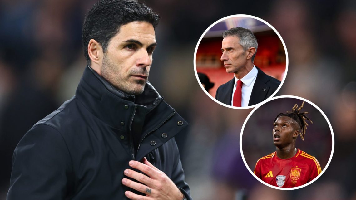Arsenal manager Mikel Arteta with insets of Andrea Berta and Nico Williams.