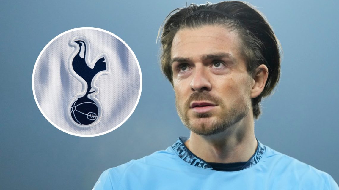 Tottenham Hotspur transfer target and Man City forward Jack Grealish. Inset of Spurs badge.
