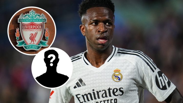 Vinicius Junior of Real Madrid looks on during La Liga match between Getafe and Real Madrid with Liverpool badge and mystery figure inset