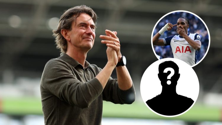 New Tottenham Hotspur manager Thomas Frank applauds the crowd. Inset of Spurs forward Mathys Tel and mystery player.