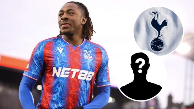 Crystal Palace forward Eberechi Eze. Inset of Tottenham Hotspur badge and mystery player.