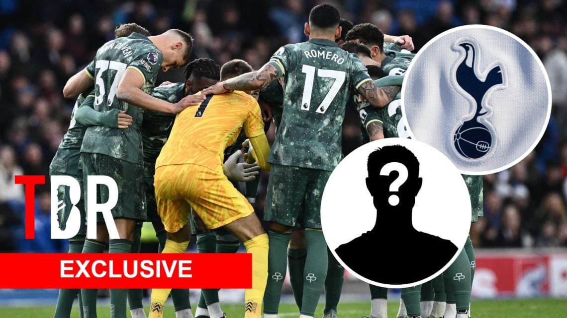 Tottenham Hotspur squad in huddle before Brighton game, Guglielmo Vicario gives team talk. Inset of Tottenham badge and mystery player.