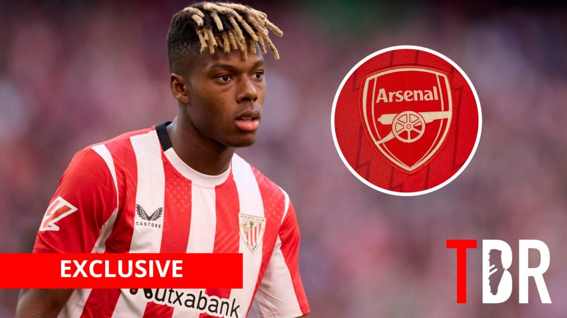 Athletic Bilbao forward Nico Williams with inset of Arsenal badge