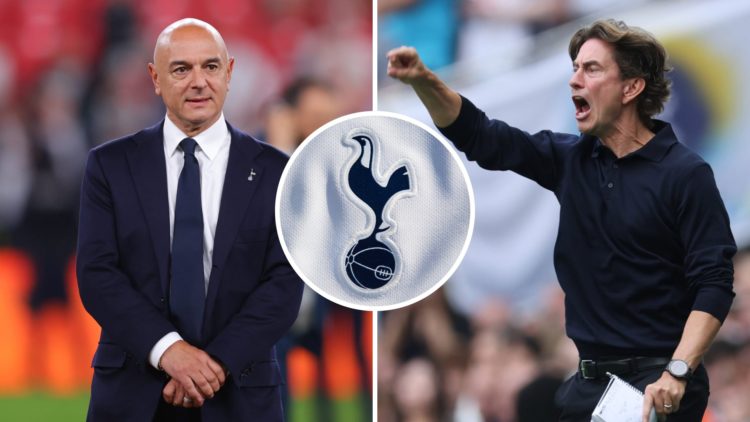 Split image of Tottenham chairman Daniel Levy (L) and Thomas Frank at Tottenham Hotspur Stadium (R). Inset of Spurs badge.