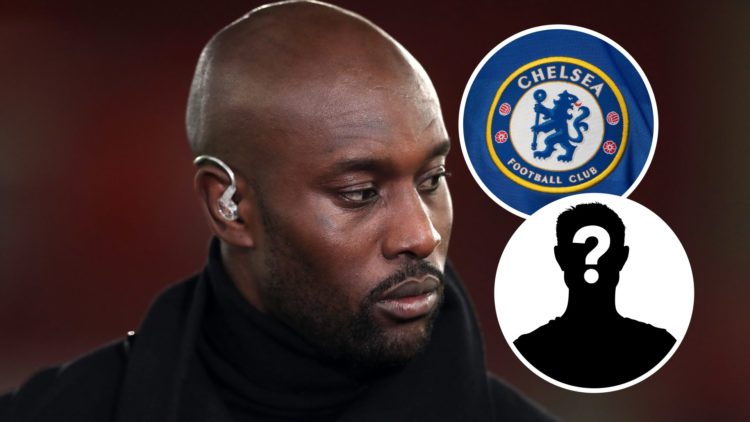 Carlton Cole with inset of Chelsea badge and mystery silhouette