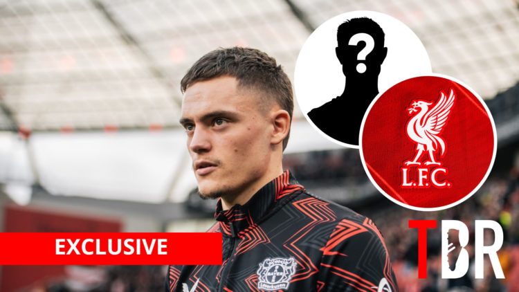 Bayer Leverkusen midfielder Florian Wirtz with inset of Liverpool badge and mystery silhouette