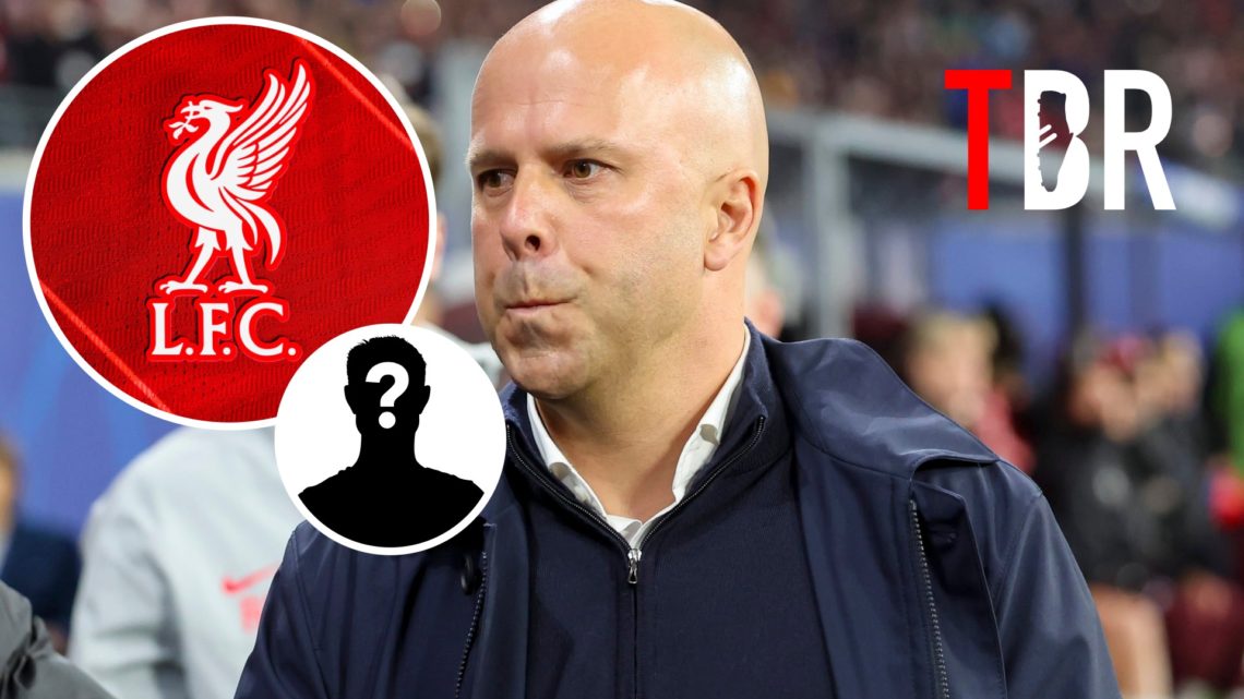 Arne Slot looks dejected during the UEFA Champions League clash between RB Leipzig and Liverpool, mystery figure and Liverpool badge inset