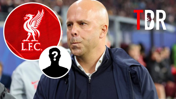 Arne Slot looks dejected during the UEFA Champions League clash between RB Leipzig and Liverpool, mystery figure and Liverpool badge inset