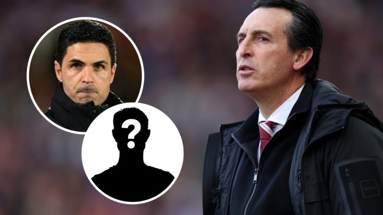 Aston Villa manager Unai Emery looks on. Inset, Arsenal boss Mikel Arteta and a question mark.