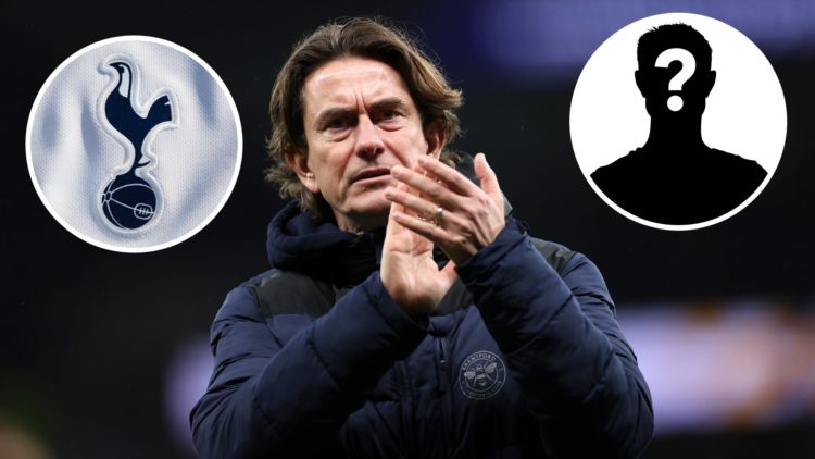 Tottenham Hotspur manager Thomas Frank applauds the away end after Premier League match. Inset of Tottenham badge and mystery player.