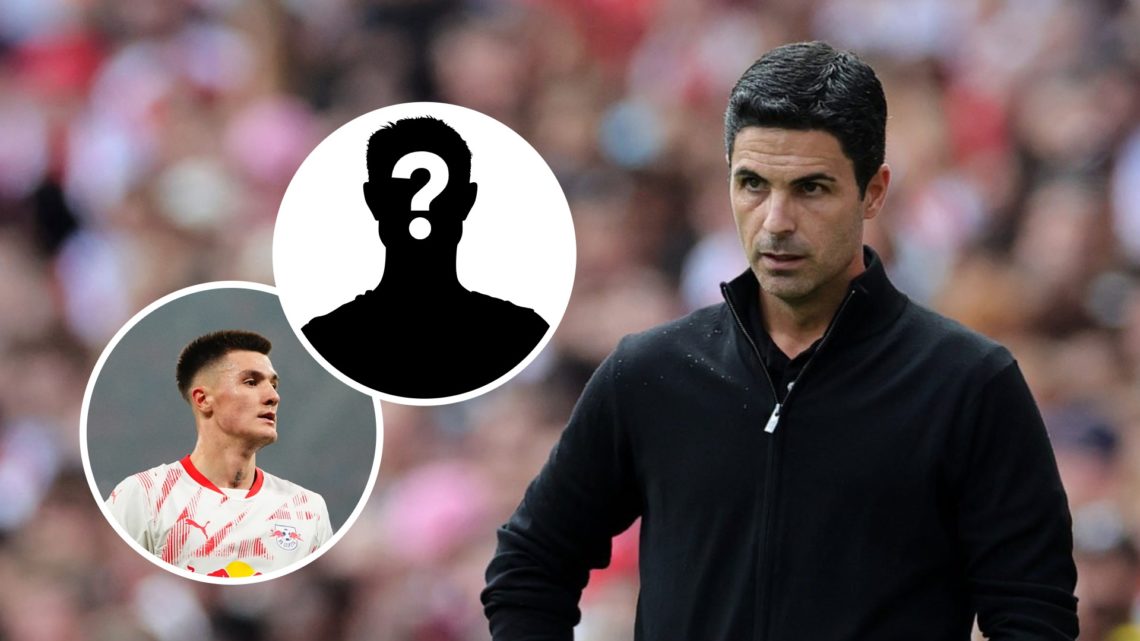 Mikel Arteta looks on during an Arsenal match. Inset, Benjamin Sesko and a question mark.