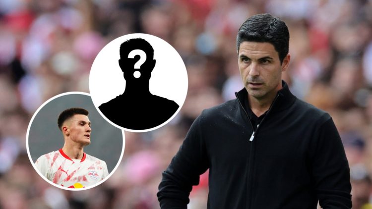 Mikel Arteta looks on during an Arsenal match. Inset, Benjamin Sesko and a question mark.