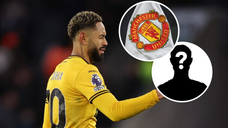 Image of Matheus Cunha in action for Wolves with overlay of Man United corner flag