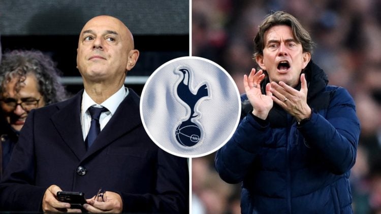 Split image of Tottenham chairman Daniel Levy ahead of Spurs game (L) and Tottenham manager Thomas Frank during Brentford match. Inset of Tottenham...