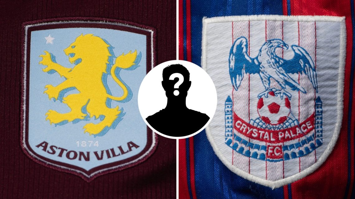 Split image of the Aston Villa badge and Crystal Palace badge with mystery figure inset