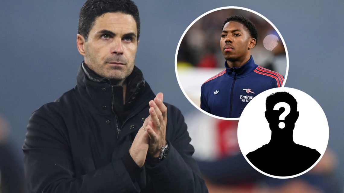 Mikel Arteta applauds Arsenal fans. Inset, Myles Lewis-Skelly and a question mark.