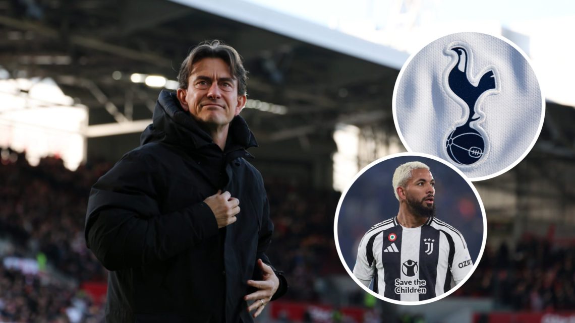 Tottenham Hotspur manager Thomas Frank ahead of Premier League match. Inset of Spurs badge and Douglas Luiz from Juventus.