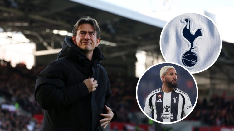 Tottenham Hotspur manager Thomas Frank ahead of Premier League match. Inset of Spurs badge and Douglas Luiz from Juventus.