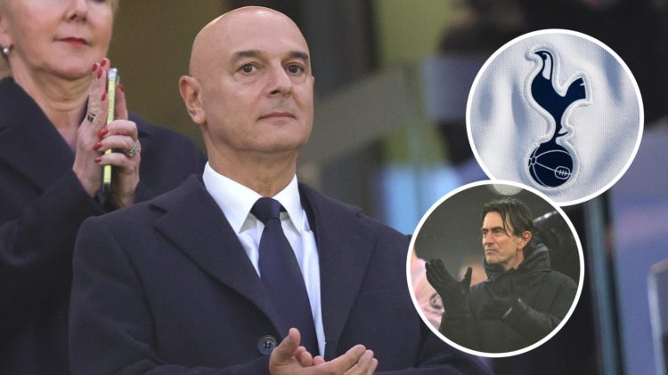 Tottenham Hotspur chairman Daniel Levy before Premier League match. Inset of Spurs badge and Thomas Frank.