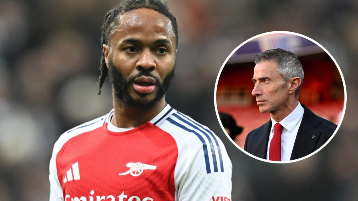 Raheem Sterling during an Arsenal match. Inset, new sporting director Andrea Berta.