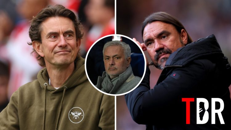 Split image of Tottenham Hotspur manager Thomas Frank and Leeds United boss Daniel Farke with inset of Fenerbahce head coach Jose Mourinho