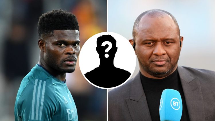 Split image of Arsenal midfielder Thomas Partey and Arsenal legend Patrick Vieira with inset of mystery silhouette