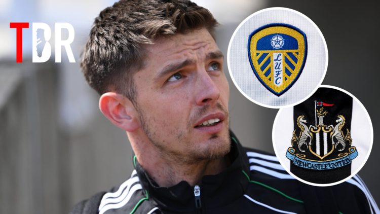 Image of Nick Pope before a Newcastle match with Newcastle and Leeds badge inset