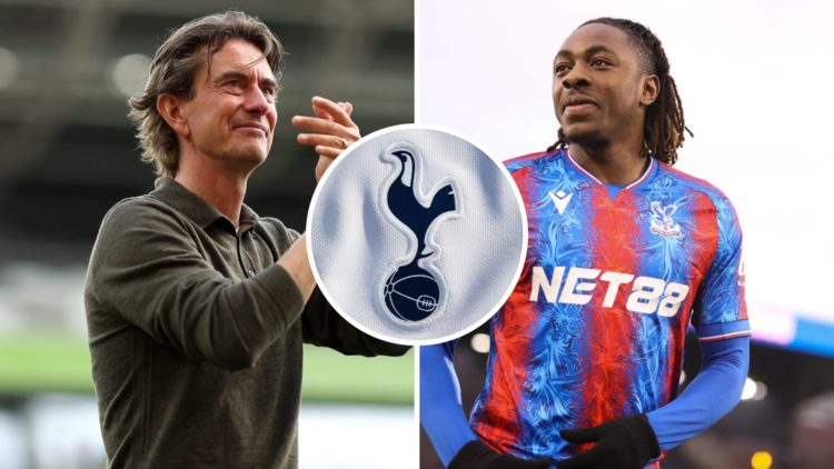 Split image of Tottenham Hotspur manager Thomas Frank (L) and Crystal Palace attacker Eberechi Eze (R). Inset of Tottenham badge.