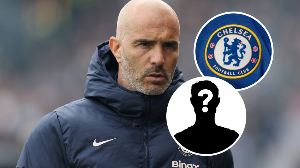 Chelsea manager Enzo Maresca with inset of Chelsea badge and mystery silhouette