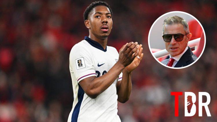 Arsenal defender Myles Lewis-Skelly with inset of Arsenal director Andrea Berta