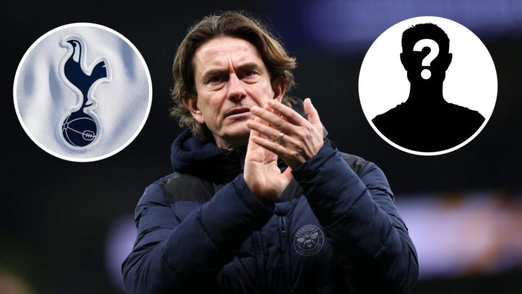 Tottenham Hotspur manager Thomas Frank applauds the crowd. Inset of Spurs badge and mystery player.
