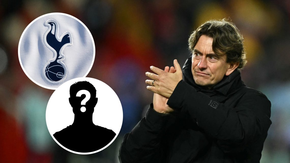 Tottenham Hotspur manager Thomas Frank applauds crowd after Premier League match. Inset of Tottenham badge and Mystery player.