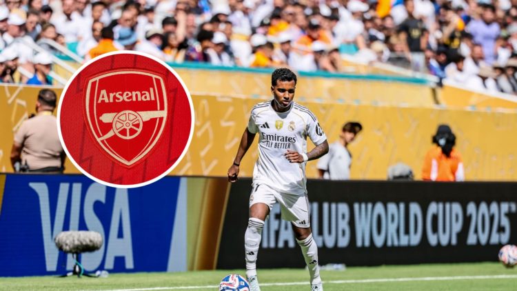 Real Madrid forward Rodrygo with inset of Arsenal badge