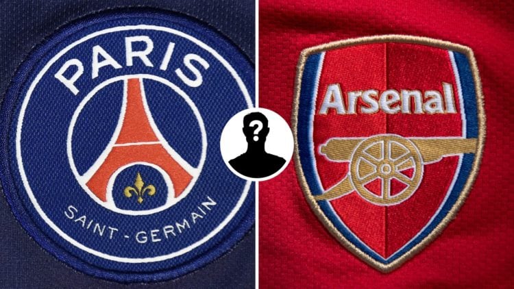Split image of the PSG badge and the Arsenal badge with mystery figure inset