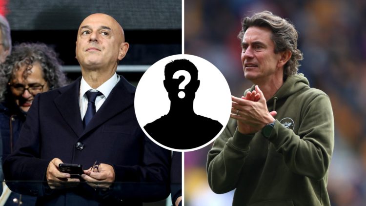 Tottenham manager Thomas Frank during Premier League match (R) and Spurs chairman Daniel Levy on the phone (L). Inset of mystery player.