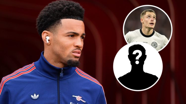 Image of Ethan Nwaneri walking out onto the pitch before an Arsenal game with insets of Florian Wirtz looking up in dissapointment and a mystery pl...