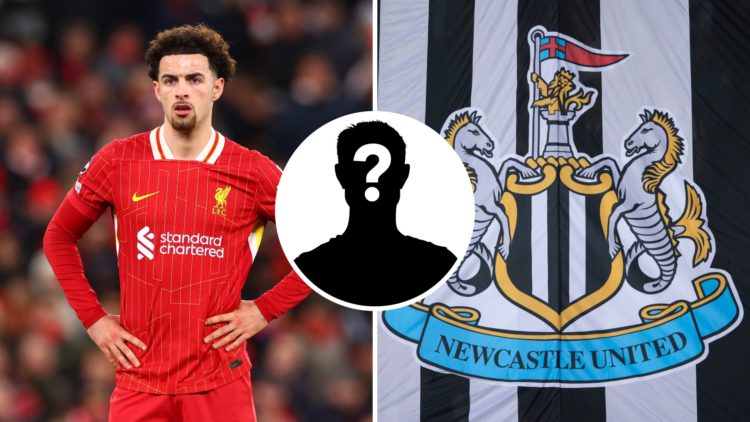 Split image of Curtis Jones and Newcastle badge with overlay of mystery player