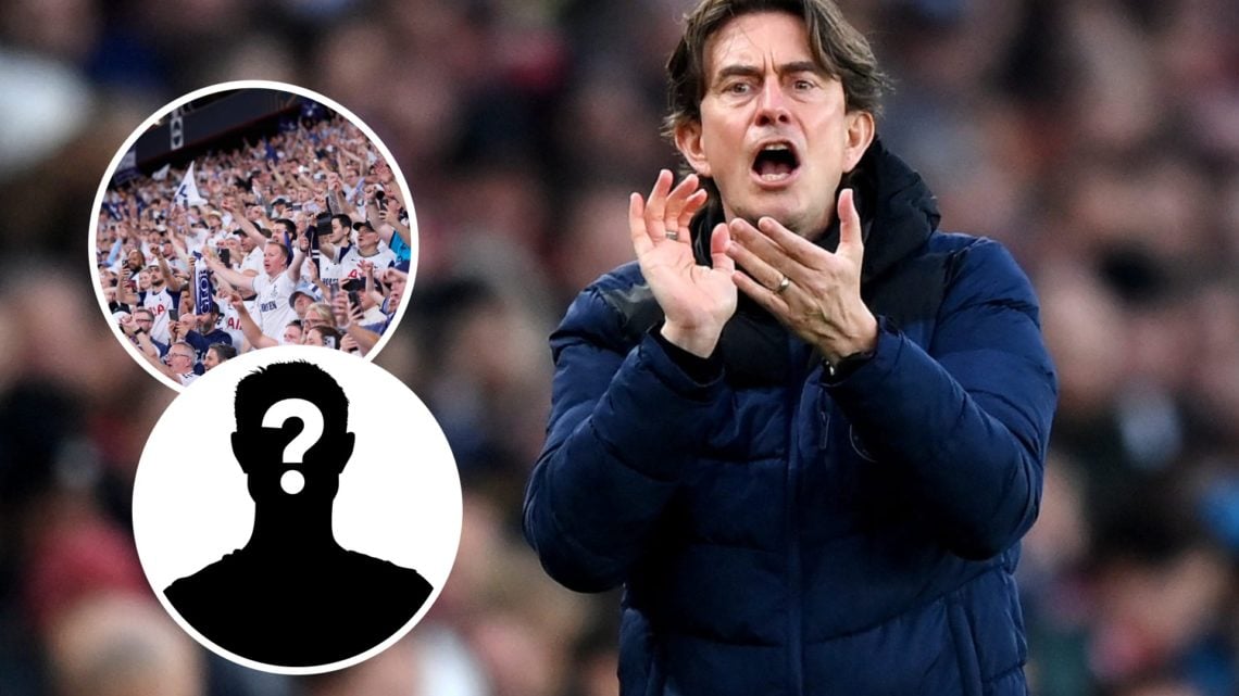 Tottenham Hotspur manager Thomas Frank during Premier League match. Inset of Spurs fans and mystery players.