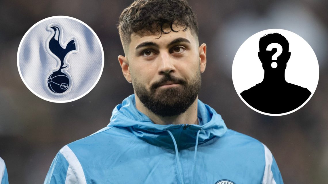 Manchester City defender Josko Gvardiol ahead of Premier League match. Inset of Tottenham badge and mystery player.